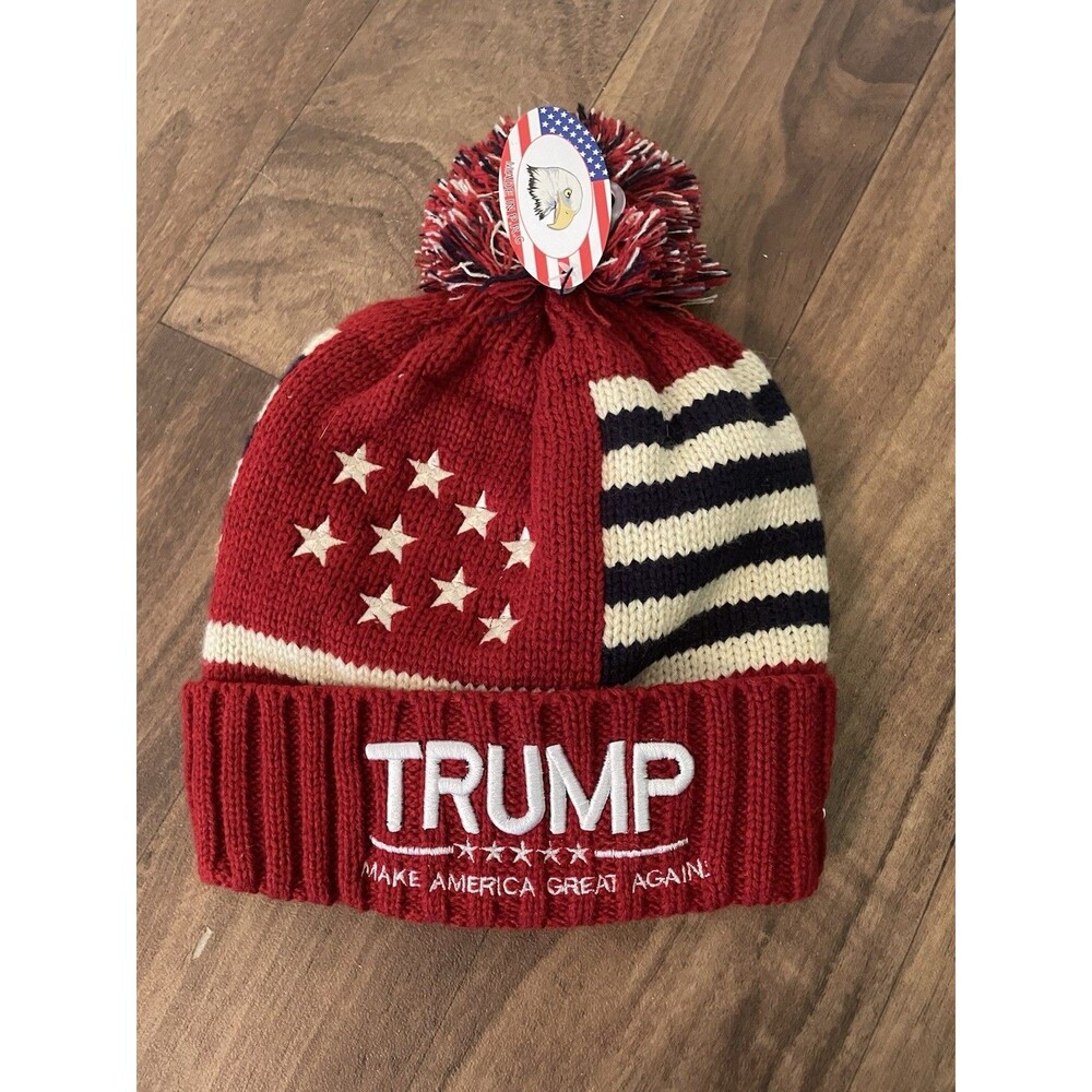RED Trump 45th President USA Blue White Winter Knit Beanie Hat with Pom 47 47TH